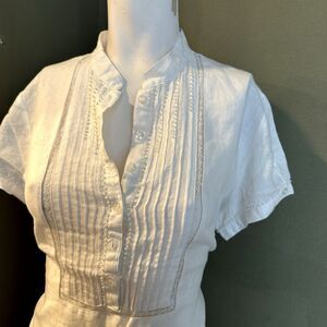 Carole Little Linen Shirt Blouse S-Slv V-Neck Embroidery Pullover Tunic White XL